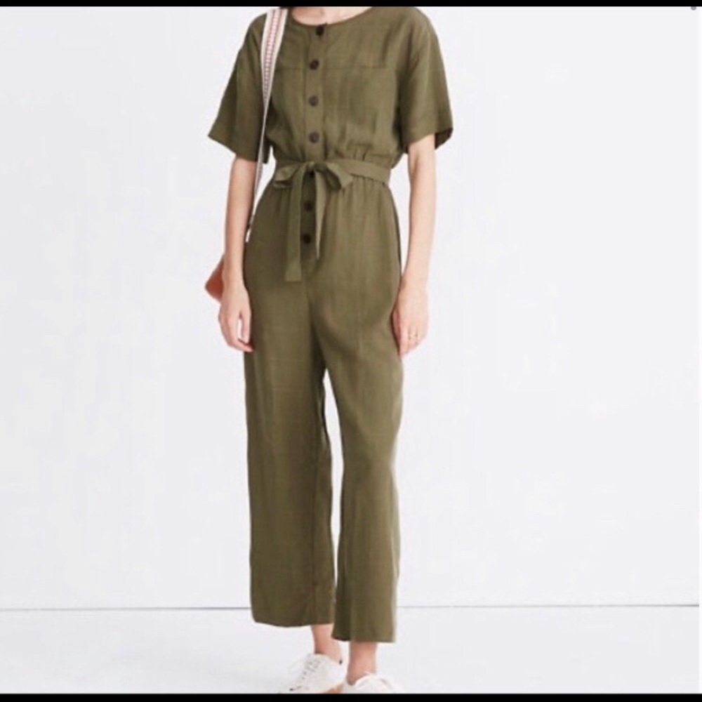 Madewell Olive Windowpane Belted Jumpsuit